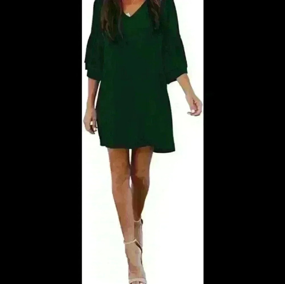 Forever 21 mini day 2 nite poly blend trendy green bell long sleeve dress L - Picture 7 of 7